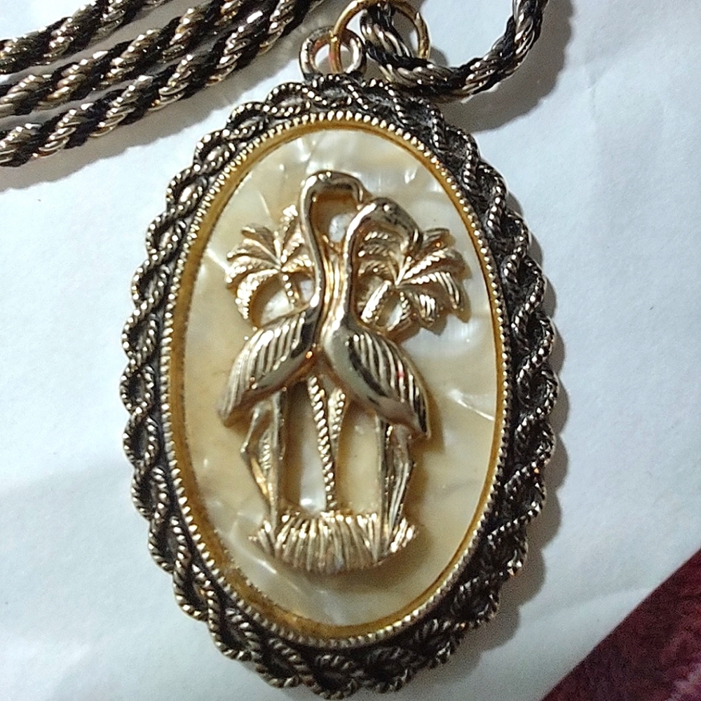 Flamingos in the Palms Oval Pendant & Chain - Picture 2 of 7